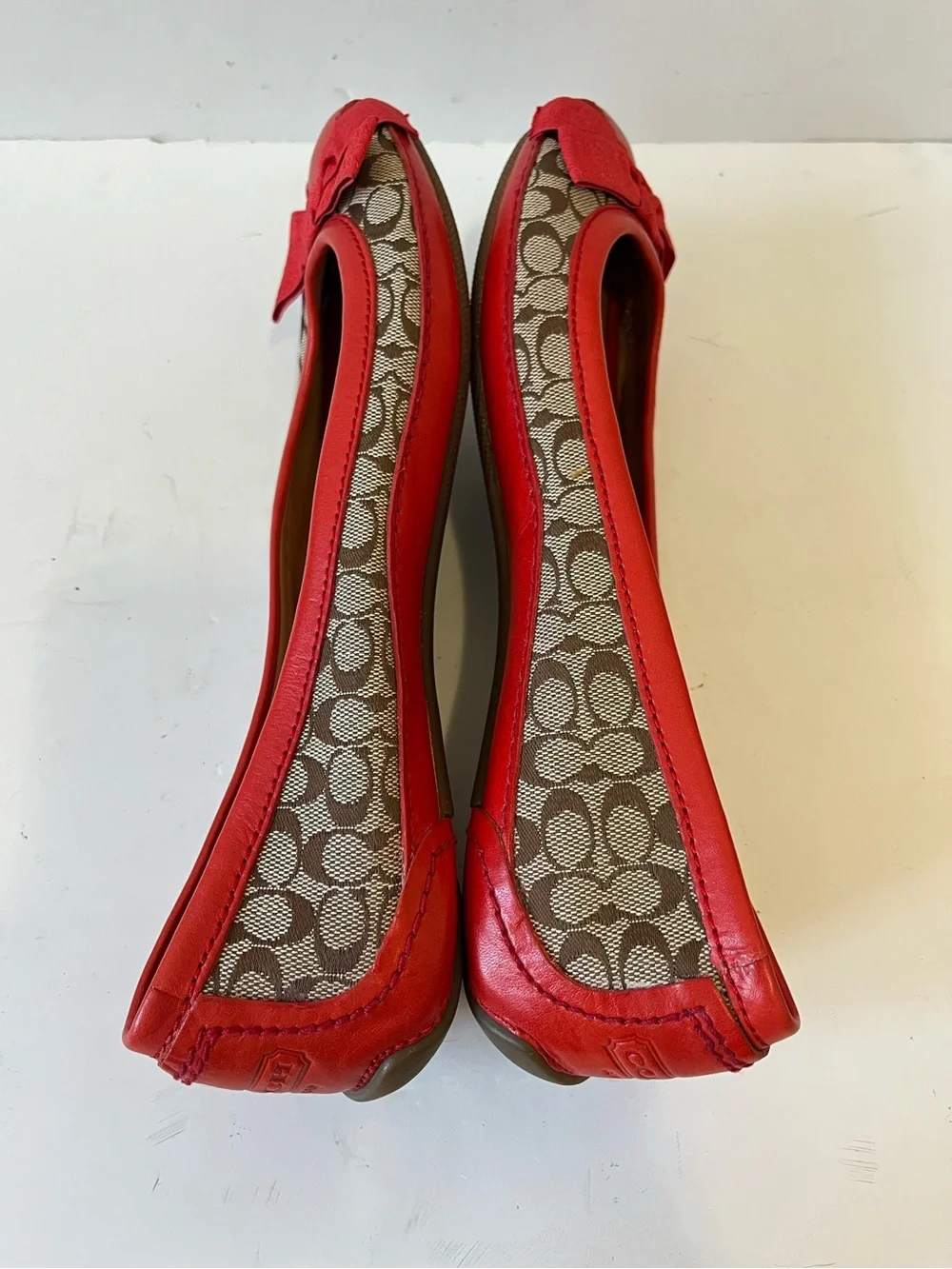 Coach Brown Signature Canvas Ballet Flats with Red Trim & Bow size 8.5B